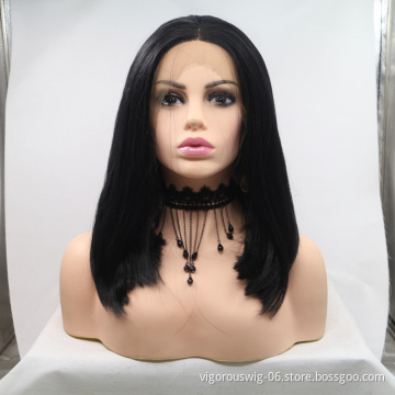 Vigorous mono bob black premium high quality straight short wholesale black women synthetic hair wigs with lace front